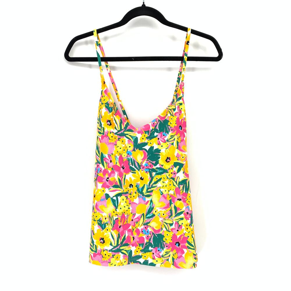 Anne Cole Tankini Top Womens XL Yellow Pink Floral Print Cross Back NEW